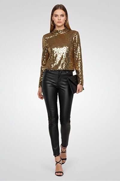 SANDRO Women Mock Neck Sequin Long Sleeve Top, Gold