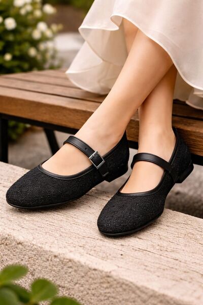 FLARF Daily Black Women's Flat Shoes with Straps, Rubber Buckle, Sewing Detail, Orthopedic Comfortable Shoes