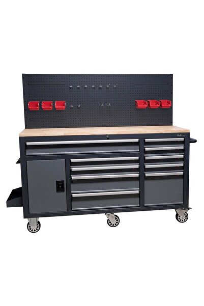 Valkenpower METAL WORKBENCH 10 DRAWERS, SOLID WOOD TOP, TOOL PANEL - BULLRAM