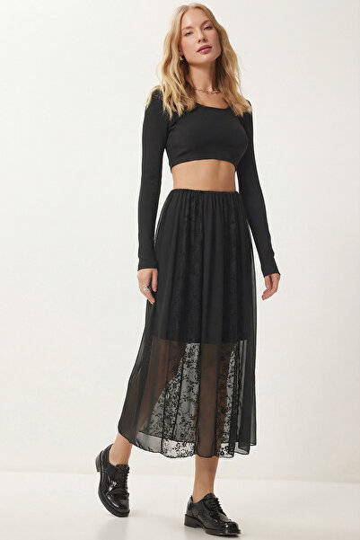 Lovelyİstanbul Φούστα σιφόν με μοτίβο και λεπτομέρειες από τούλι LNT0025 ΜΑΥΡΗ