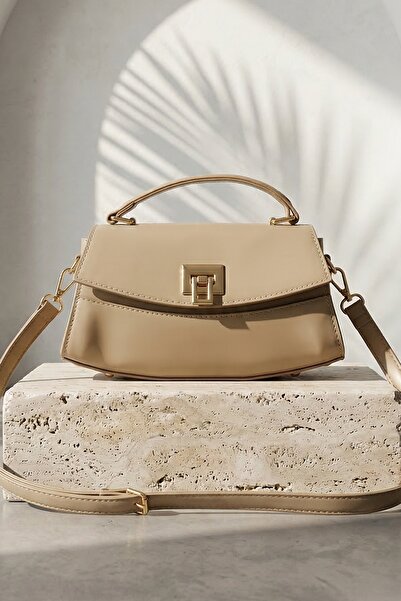 InStyle Geantă Crossbody Bej Baguette cu închidere cu lacăt