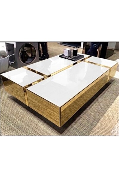 LUXURY VİLLA LUXURY GOLD AYNALI VE BAYAZ CAMLI TEKERLEKLİ DEKORATİF ORTA SEHP...
