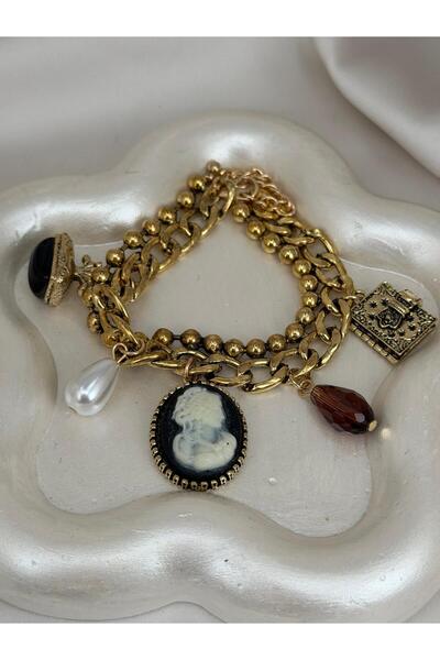 ZS Aksesuar Antik Stil Gold Zincir Bileklik – Charm Detaylı İnci & Taşlı Şık ...