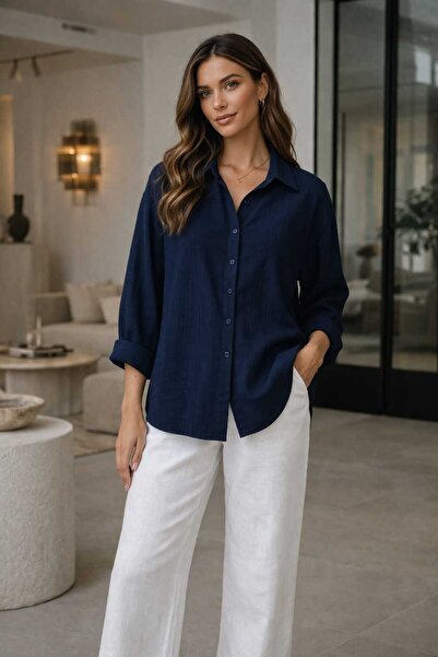 BRLKN Women's Long Sleeve Shirt Muslin Fabric 100% Cotton Textured Fabric Sum...