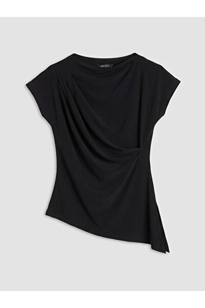 LC Waikiki Plus Size Black Boat Neck Gathered Blouse by Güli̇s Gi̇yi̇m