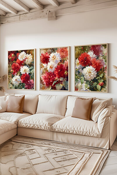 STARYUNA Wooden Framed Red and White Flower Themed Triple Painting Set Ucyuna600