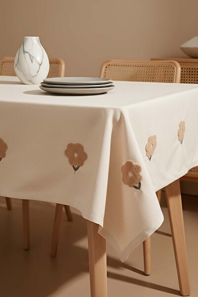 Rivaİstanbul Florita Beige Punch Embroidered Stain-Resistant Tablecloth 160X2...