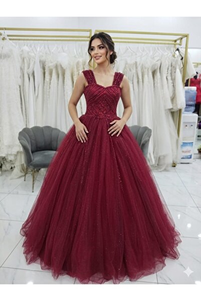 Sibelse Gelinlik Ruby Shine Bordo Pul Payet Prenses Nişanlık / Abiye