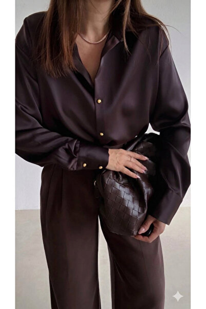 Ecenin Favorileri Γυναικείο σατέν πουκάμισο σε χρώμα Bitter Brown με χρυσά κο...