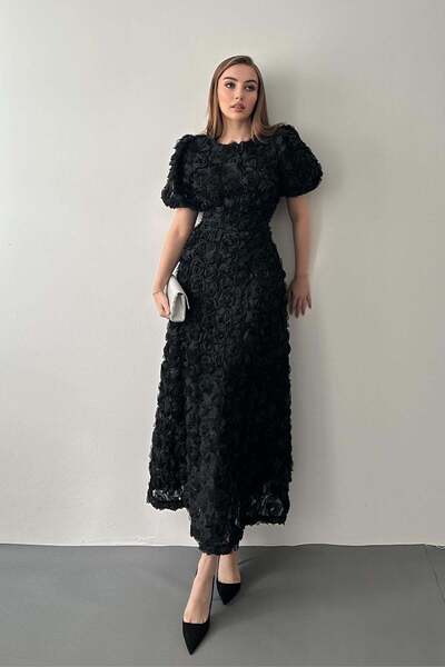 Elbee Fashion Woman Black Rose Dress