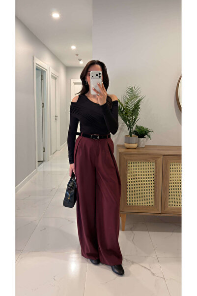 BİRCANÇİL Milda Burgundy Double-Breasted Pleated Belted Trousers