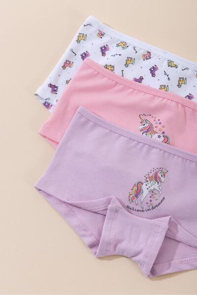 BAYKAR Kız Çocuk Pamuklu Renkli Baskılı Likralı Boxer 3'lü Paket 5714 Renkli