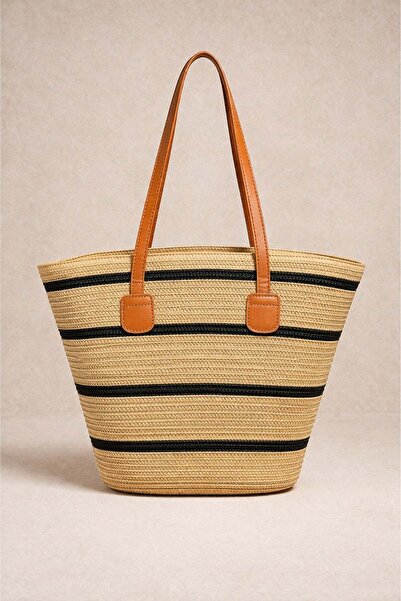 Mixray 2073 Дамска сламена раирана чанта за рамо тип тоут с кожена дръжка, ка...