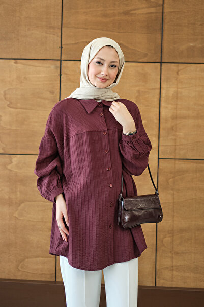 LOCCO Women's Self-Patterned Ribbed Shirt Burgundy