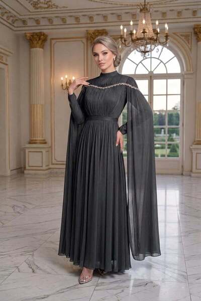 hakimoda Ni̇la Işıltı Chiffon Evening Dress Black