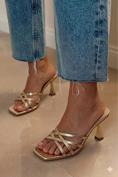 guijarro Premium Series: Women's Gold Thin Strap Square Toe Design Heeled Sli...