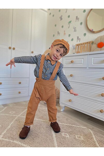 Moon 4-Piece Boy's Set – Brown Overalls, Checkered Shirt, Hat and Bow Tie |  ...