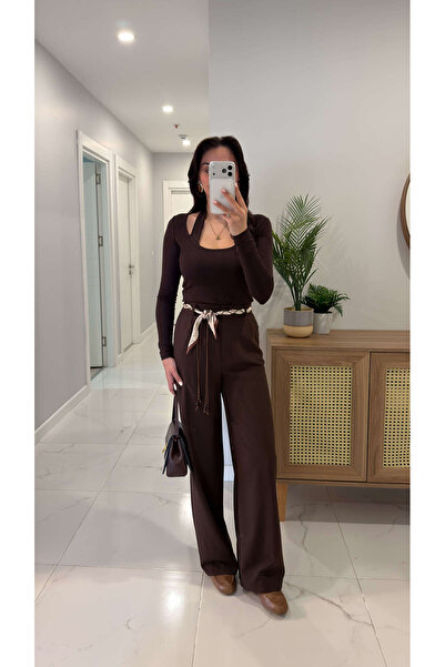 BİRCANÇİL Cens braon pantalone palazzo sa detaljnim perlama