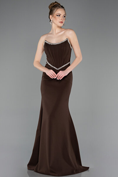 Abiyefon Kahve Su Yolu Straplez Balen Korse Detay Abiye Elbise ABU5747