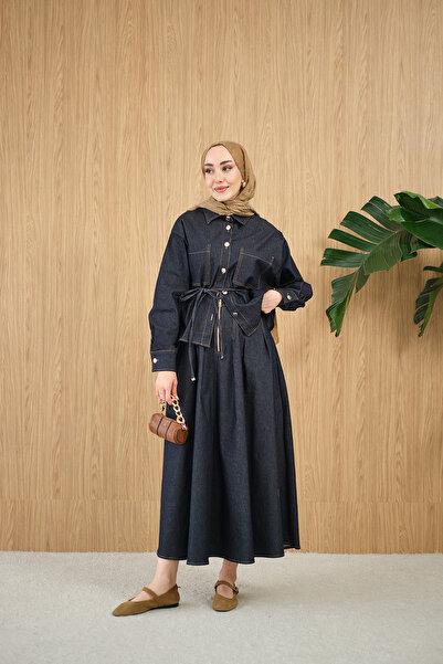 LOCCO Costum de damă din denim cu detaliu dublu buzunar și legătură în talie,...