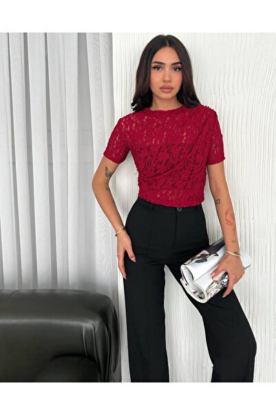 Noa&Noa Women's Lace Crop Blouse with Gathered Shoulder Detail