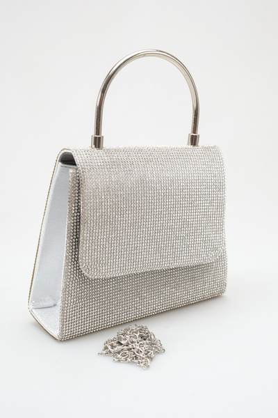 FEMME Сребриста вечерна чанта с камъни – Стилна вечерна чанта с метална дръжк...