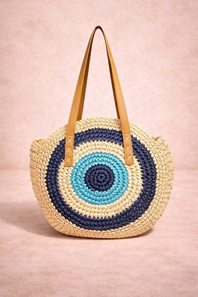 Mixray 2076 حقيبة كتف نسائية من القش بنمط عين الشيطان باللون الكريمي