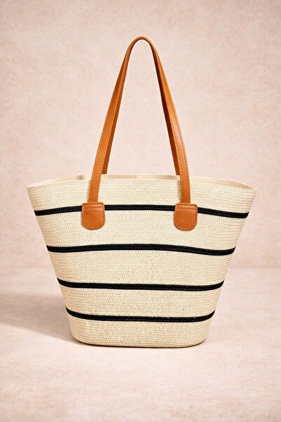 Mixray 2073 Γυναικεία τσάντα ώμου με δερμάτινο λουράκι με ψάθινες ρίγες, εκρο...