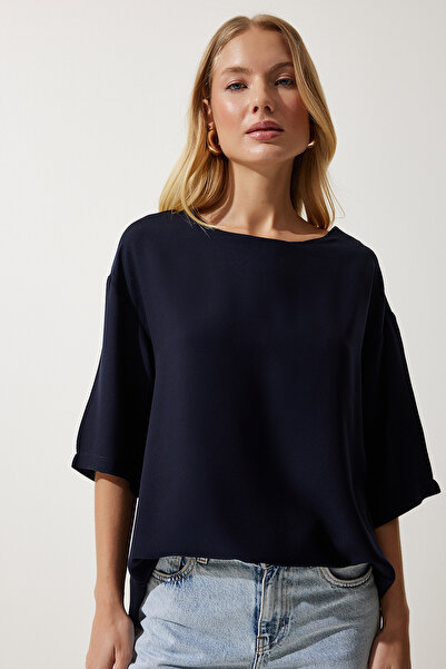Lovelyİstanbul Crew Neck Draped Viscose Blouse Lrc0006 Dark Blue