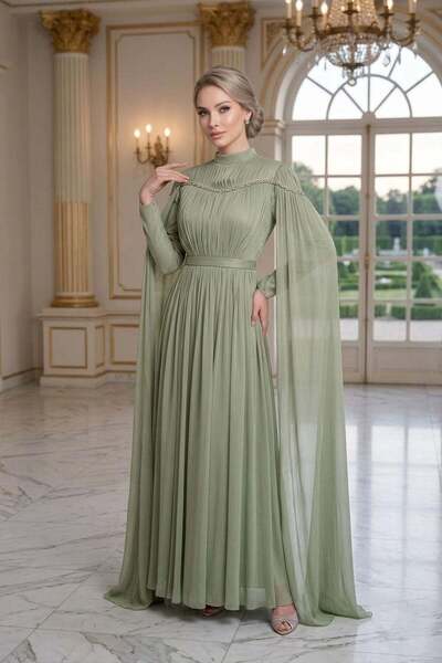 hakimoda Ni̇la Işıltı Chiffon Evening Dress Mold Green