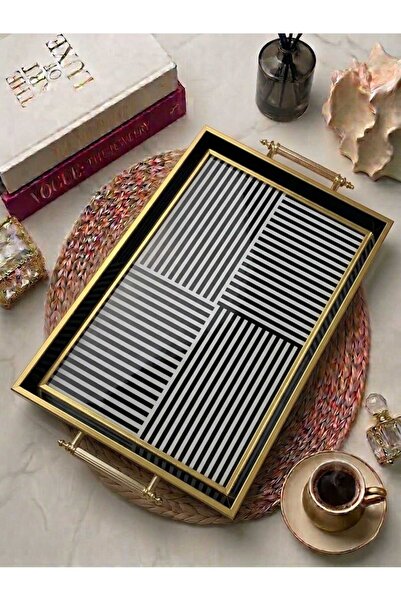 Öykü Şık Kahve Sunum Tepsisi - Siyah Beyaz Modern Desenli Gold Detaylı Tepsi
