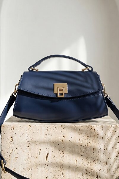 InStyle Baguette Navy Blue Crossbody Bag with Lock Closure