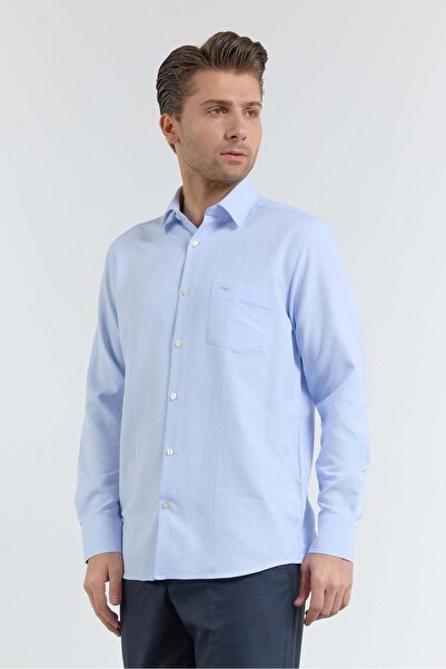 İmza قميص قطني أزرق اللون ذو ياقة صلبة وأكمام طويلة وجيب وقصة مريحة 1004255206