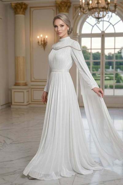 hakimoda Ni̇la Işıltı Chiffon Evening Dress White