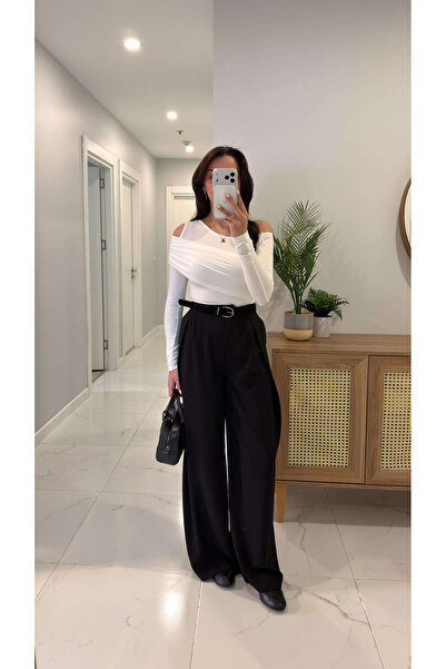 BİRCANÇİL بنطلون ميلدا أسود مزدوج الصدر مع حزام مطوي