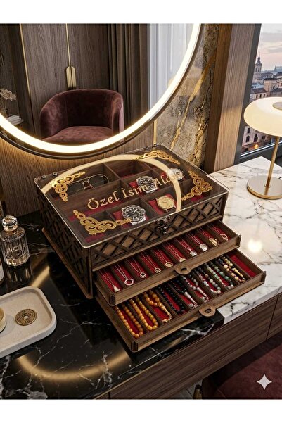 URFA LAZER Kişiye Özel Ahşap Gözlük Saat Kolye Tesbih Koleksiyon Kutusu Akril...