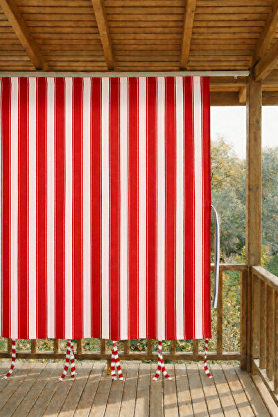 SHY TEKSTİL Kırmızı-Beyaz Kornişli Su Geçirmez Rüzgâr Dayanımlı Pilesiz Balko...