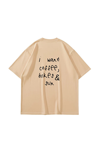Bak Moda I Want Coffee Printed Oversized Unisex Beige Tshirt