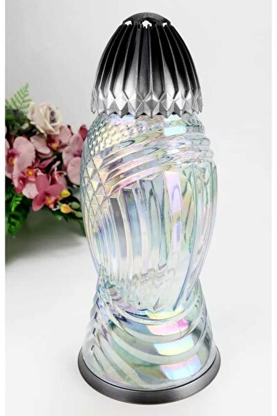 OEM Lumânare decorativă mare din sticlă, efect curcubeu cu elemente argintii, 39.5 cm