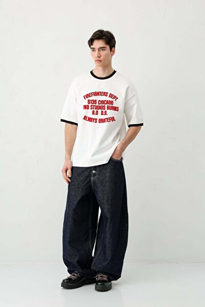 VAMOSCLO Printed Crew Neck Oversize T-Shirt Ecru