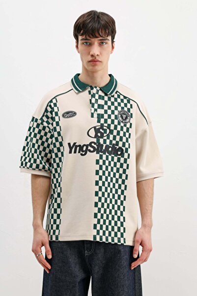 VAMOSCLO T-shirt sa polo ovratnikom i printom, oversize, boja kamena
