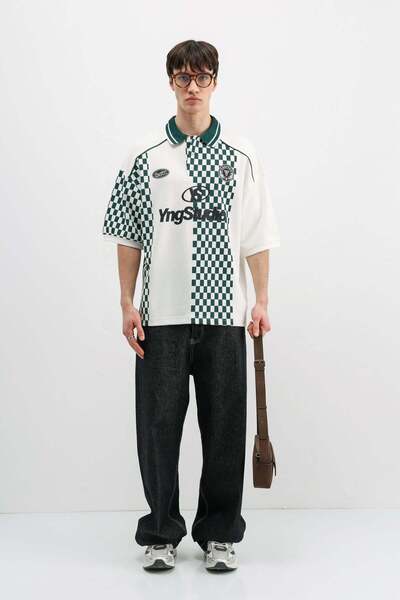 VAMOSCLO Polo Collar Printed Oversie T-Shirt Ecru