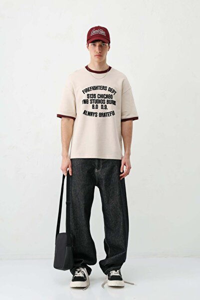 VAMOSCLO Printed Crew Neck Oversize T-Shirt Stone