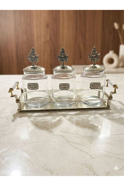 Sembol YAPRAKLI 3LÜ STANDLI CAM KAVANOZ GOLD-GÜMÜŞ DETAYLI ÇAY KAHVE ŞEKER CA...