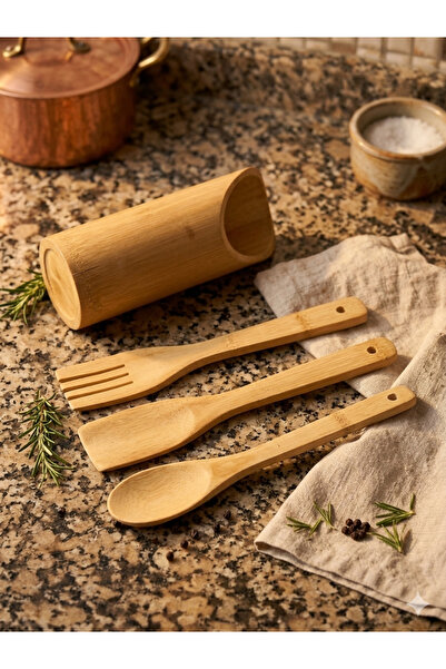 Hanım Ev Naturelle 4 Piece Bamboo Kitchen Preparation Set - Spoon, Spatula an...