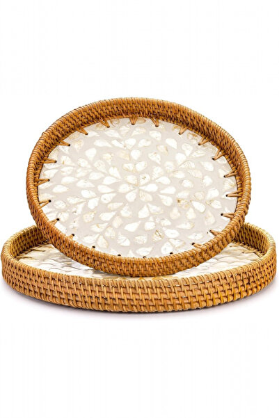 oceanpoint Set of 2, Handmade Rattan Tray Set, Inlaid, Natural Wood, Luxury P...