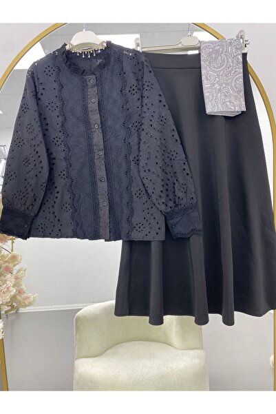 modasindoma γυναικείο κοστούμι με λινό πουκάμισο και μαύρη φούστα