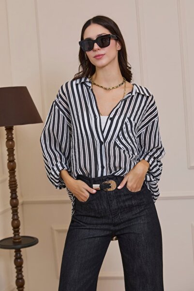 Sishli Çizgili Transparan Oversize Cepli Gömlek