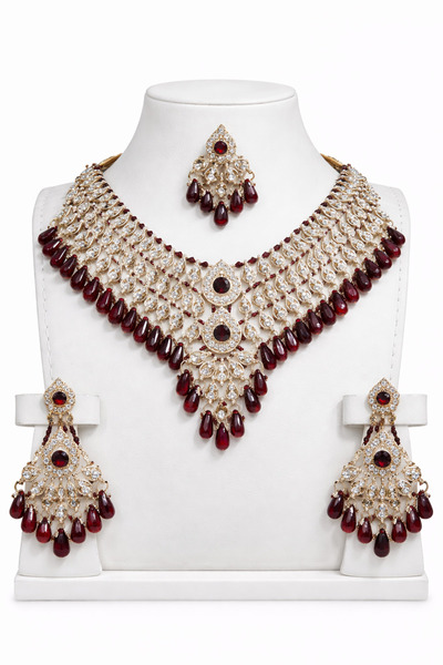 Generic Maroon Stone Bridal Necklace Set Gold Color Wedding Jewelry with Matc...