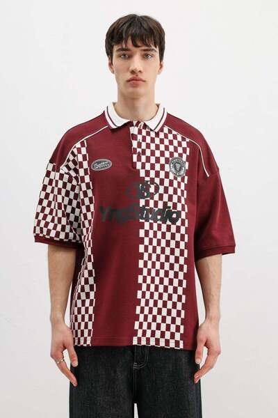 VAMOSCLO Polo Yaka Baskılı Oversize Tişört Bordo